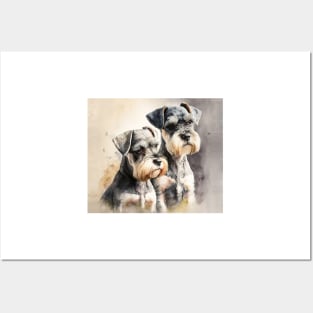 Two Miniature Schnauzers Playing Watercolour Painting Posters and Art
